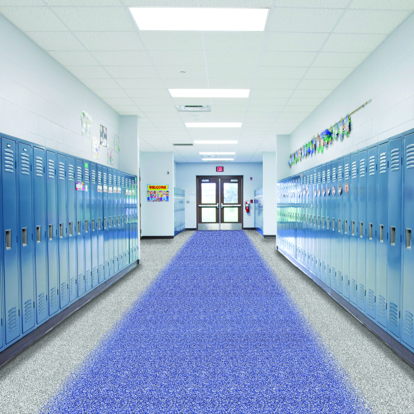 Школьный коридор с синими шкафчиками
